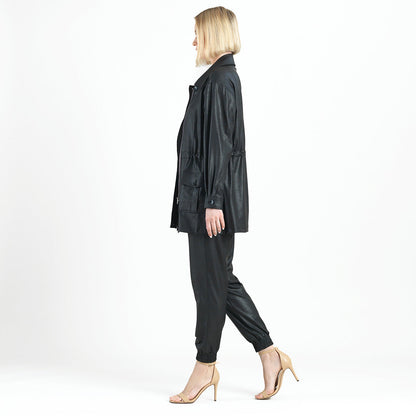 Liquid Leather™ Drawstring Waist Utility Jacket - Black - Final Sale | Clara Sunwoo