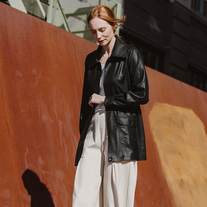 Liquid Leather™ Drawstring Waist Utility Jacket - Black - Final Sale | Clara Sunwoo