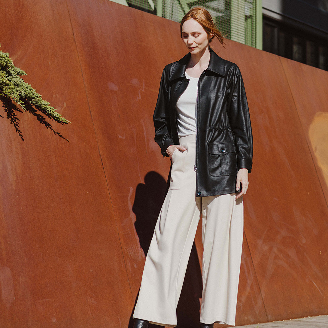 Liquid Leather™ Drawstring Waist Utility Jacket - Black - Final Sale | Clara Sunwoo