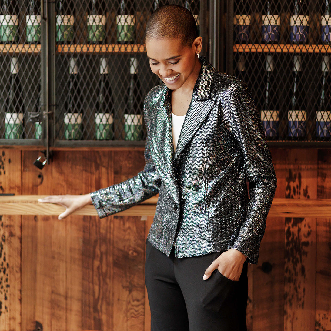 Shimmer Sequin - Modern Button Blazer - Gunmetal - Final Sale | Clara Sunwoo