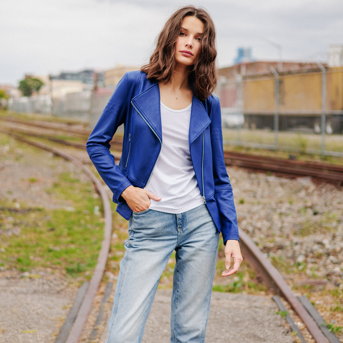 Liquid Leather™ Biker Jacket - Cobalt - Final Sale | Clara Sunwoo