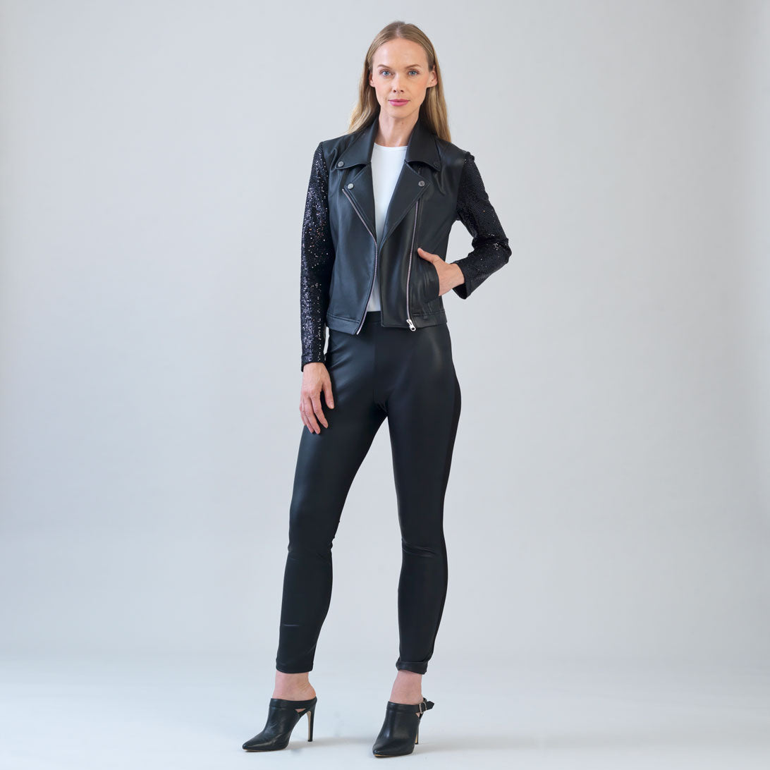 Sequin Knit - Liquid Leather™ Sheen Moto Jacket - Black - Final Sale | Clara Sunwoo