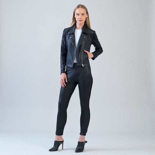 Sequin Knit - Liquid Leather™ Sheen Moto Jacket - Black - Final Sale | Clara Sunwoo