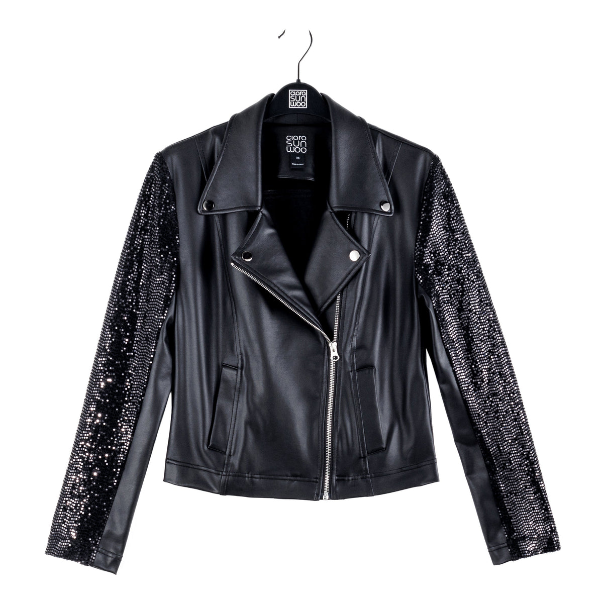 Sequin Knit - Liquid Leather™ Sheen Moto Jacket - Black - Final Sale | Clara Sunwoo