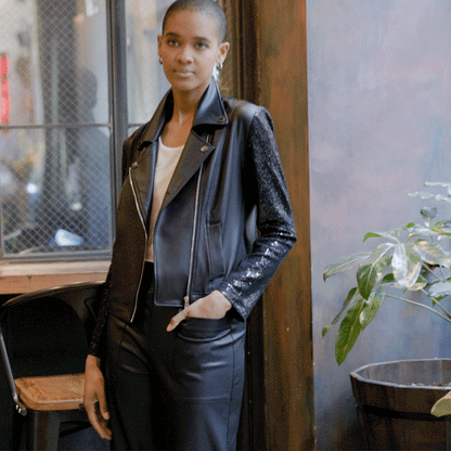 Sequin Knit - Liquid Leather™ Sheen Moto Jacket - Black - Final Sale | Clara Sunwoo