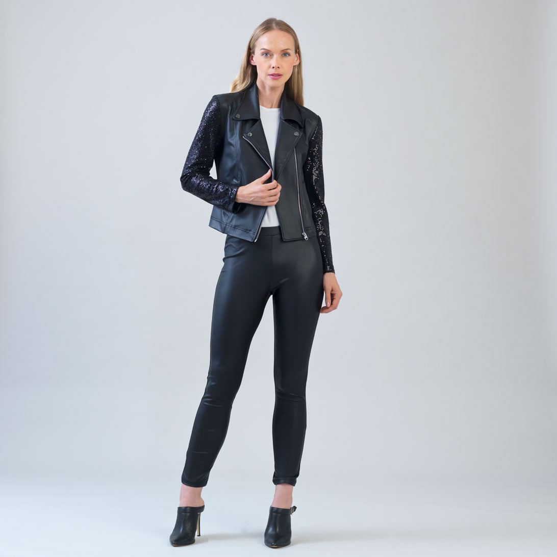Sequin Knit - Liquid Leather™ Sheen Moto Jacket - Black - Final Sale | Clara Sunwoo