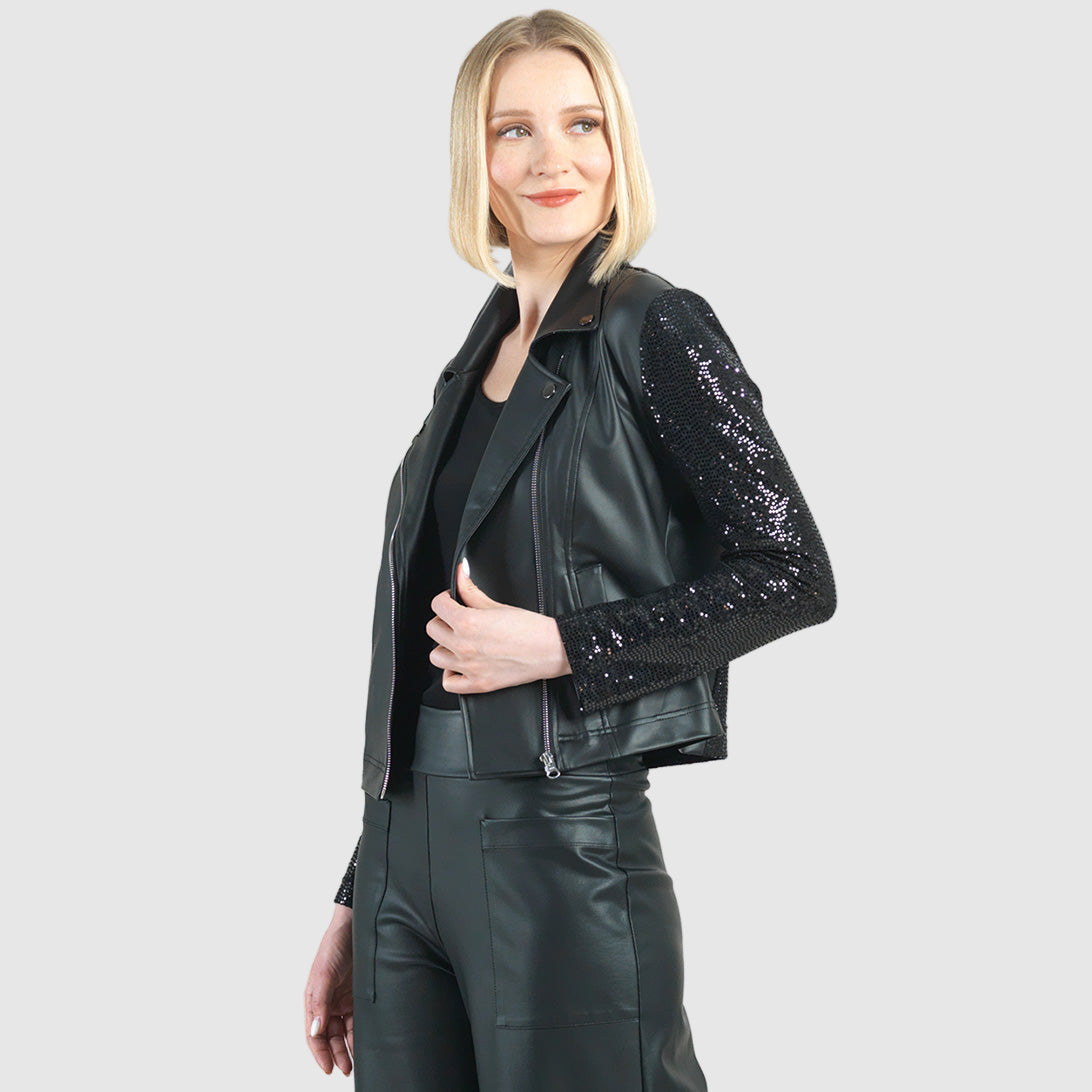 Sequin Knit - Liquid Leather™ Sheen Moto Jacket - Black - Final Sale | Clara Sunwoo