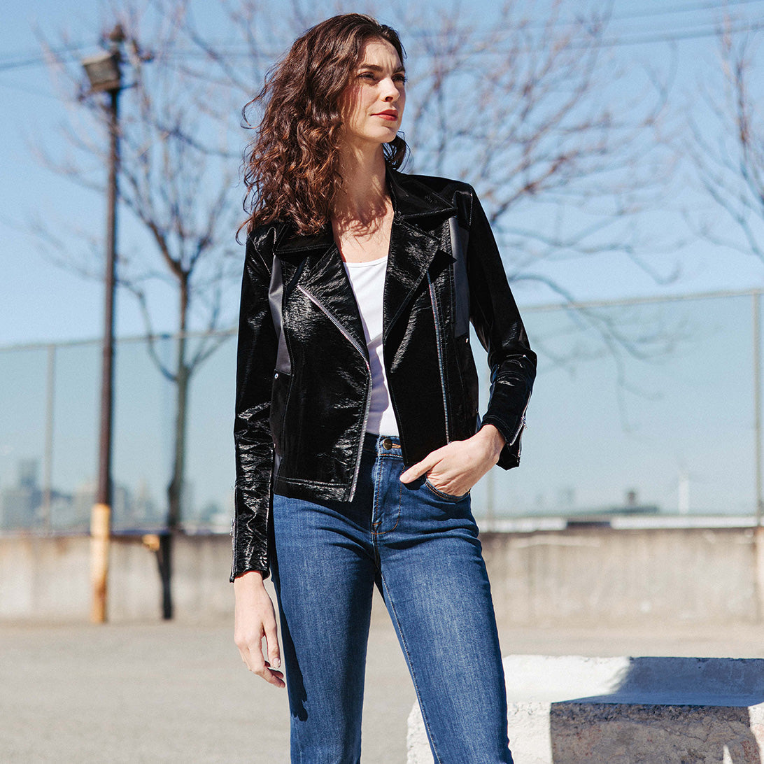 Vinyl + Liquid Leather™ Panel Zip Cuff Pocket Jacket - Black - Final Sale | Clara Sunwoo