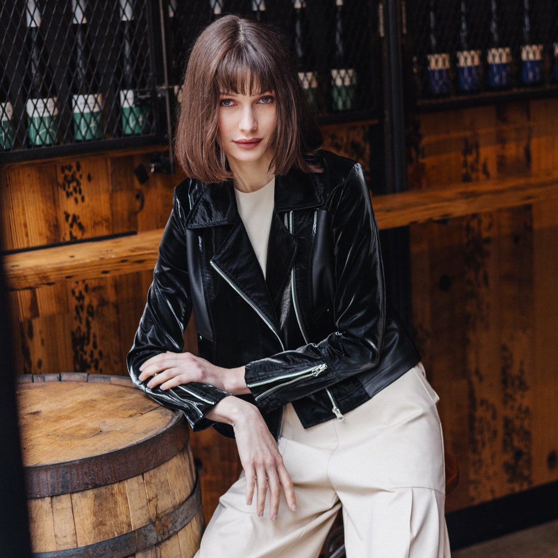 Vinyl + Liquid Leather™ Panel Zip Cuff Pocket Jacket - Black - Final Sale | Clara Sunwoo