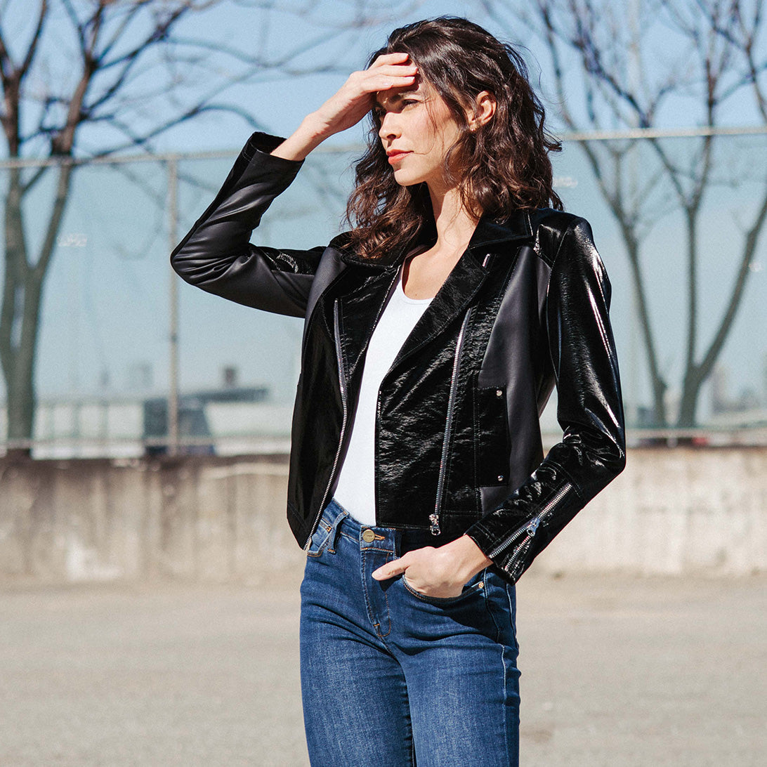 Vinyl + Liquid Leather™ Panel Zip Cuff Pocket Jacket - Black - Final Sale | Clara Sunwoo