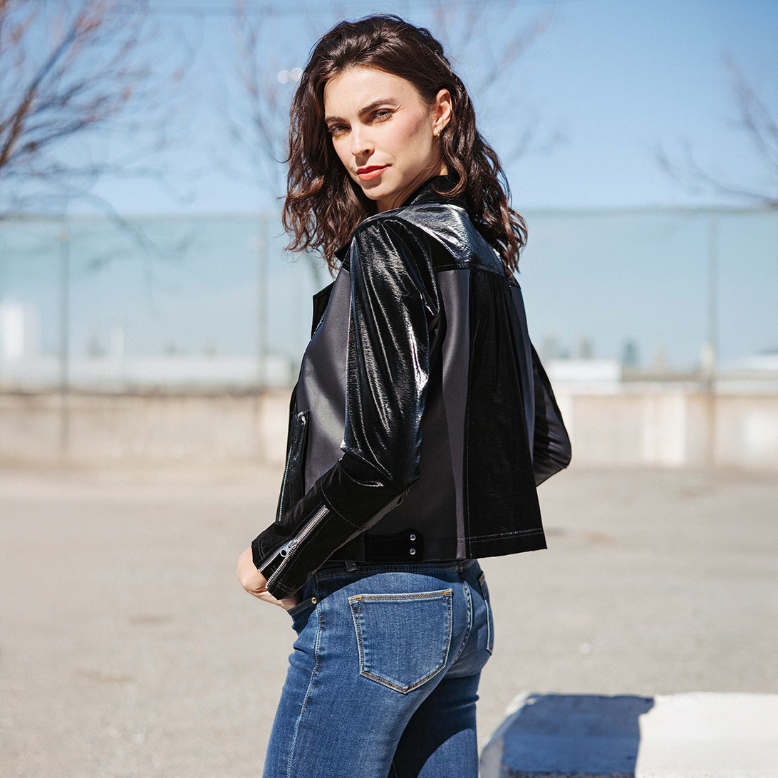 Vinyl + Liquid Leather™ Panel Zip Cuff Pocket Jacket - Black - Final Sale | Clara Sunwoo