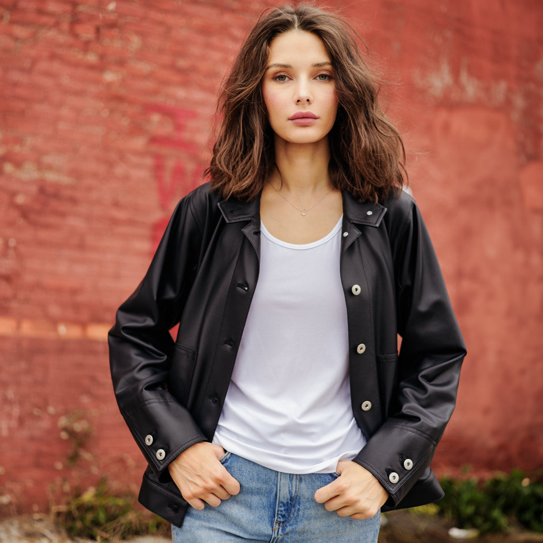 Liquid Leather™ Sheen Button Closure Pocket Jacket - Black - Final Sale | Clara Sunwoo