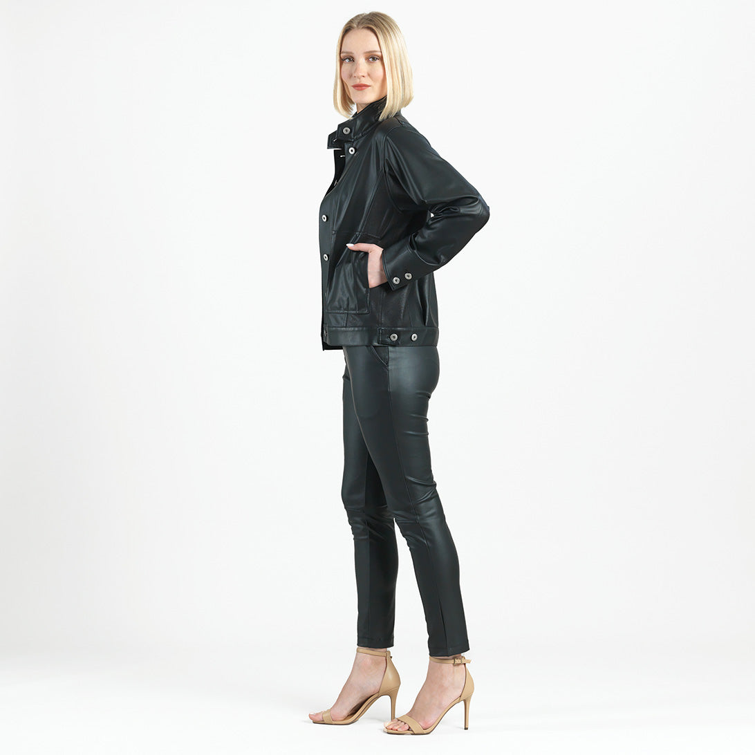 Liquid Leather™ Sheen Button Closure Pocket Jacket - Black - Final Sale | Clara Sunwoo