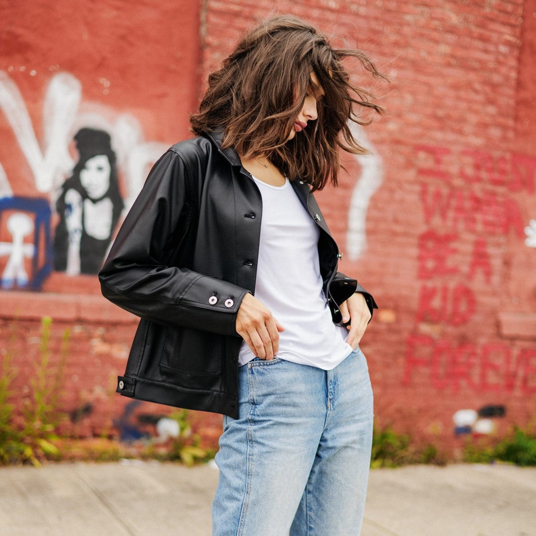 Liquid Leather™ Sheen Button Closure Pocket Jacket - Black - Final Sale | Clara Sunwoo