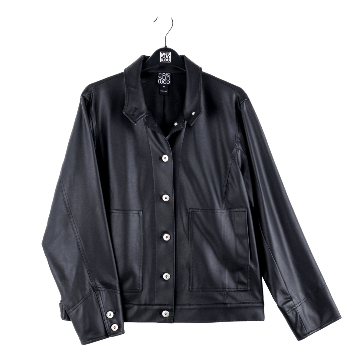 Liquid Leather™ Sheen Button Closure Pocket Jacket - Black - Final Sale | Clara Sunwoo