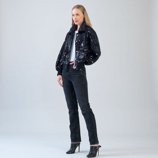Crushed Faux Fur - Shimmer Embellished Bomber Jacket - Black - Limited Edition! | Clara Sunwoo