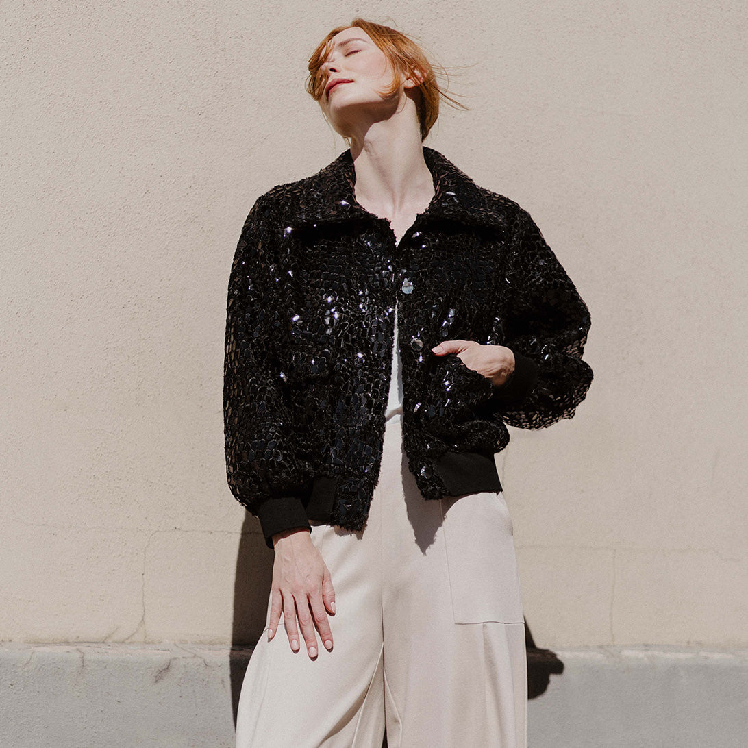 Crushed Faux Fur - Shimmer Embellished Bomber Jacket - Black - Limited Edition! | Clara Sunwoo