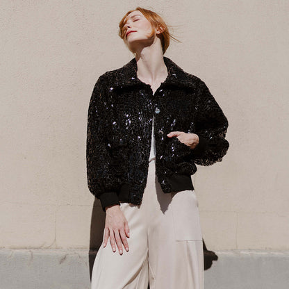 Crushed Faux Fur - Shimmer Embellished Bomber Jacket - Black - Limited Edition! | Clara Sunwoo