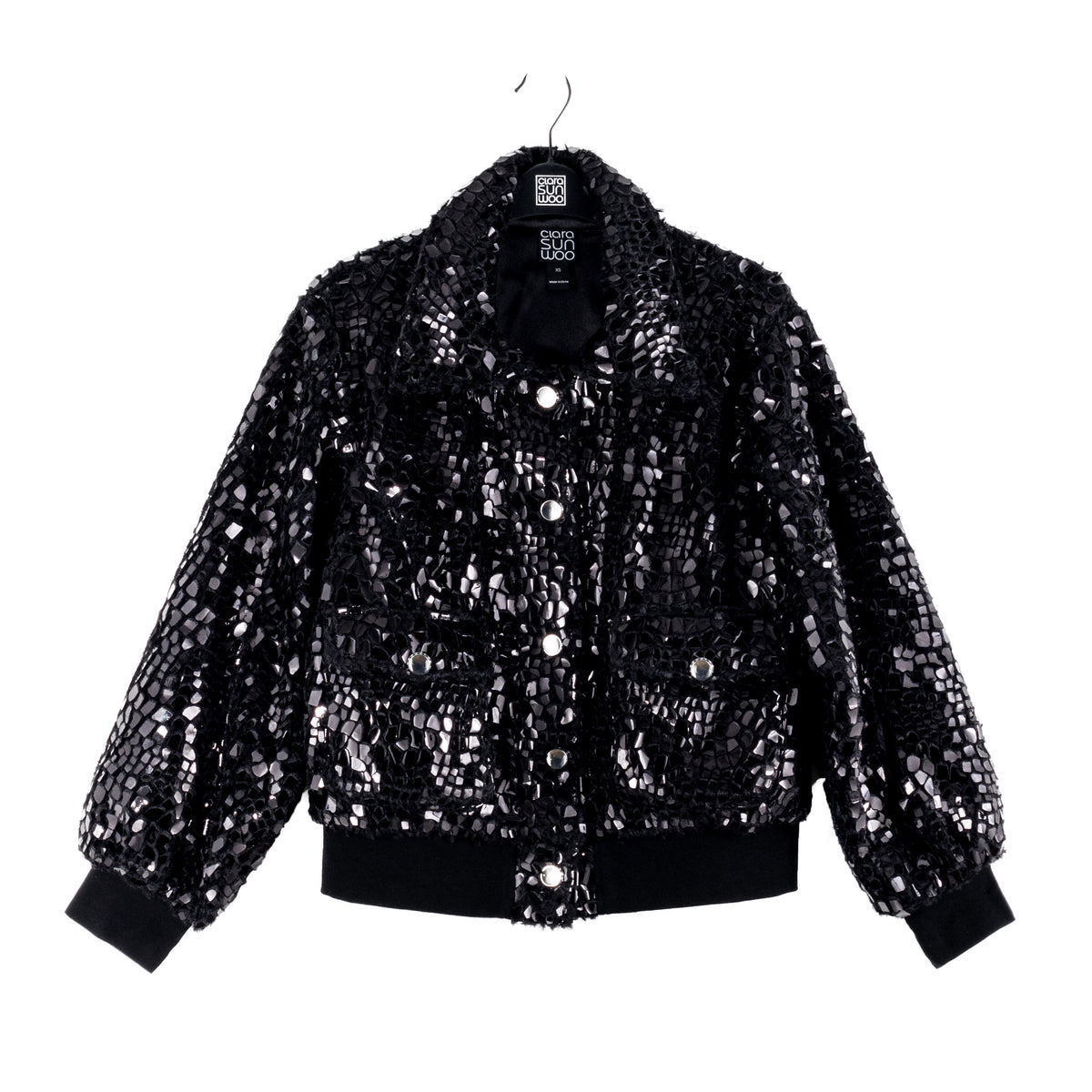 Crushed Faux Fur - Shimmer Embellished Bomber Jacket - Black - Limited Edition! | Clara Sunwoo