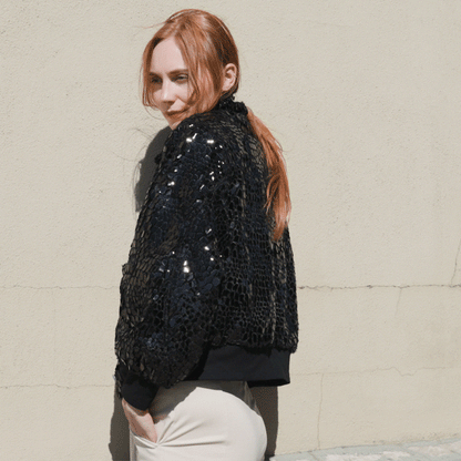 Crushed Faux Fur - Shimmer Embellished Bomber Jacket - Black - Limited Edition! | Clara Sunwoo