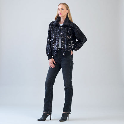 Crushed Faux Fur - Shimmer Embellished Bomber Jacket - Black - Limited Edition! | Clara Sunwoo