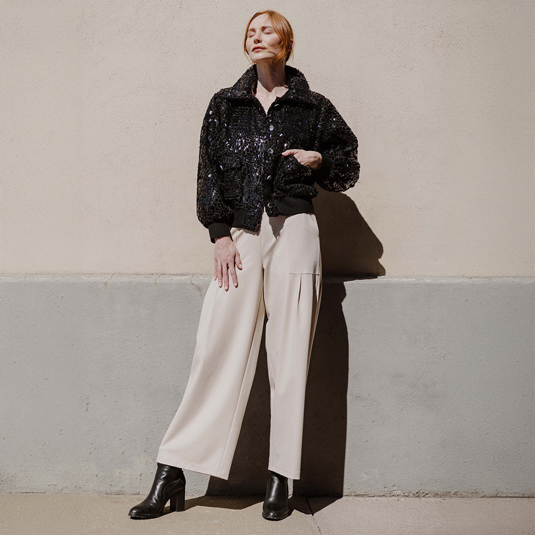 Crushed Faux Fur - Shimmer Embellished Bomber Jacket - Black - Limited Edition! | Clara Sunwoo
