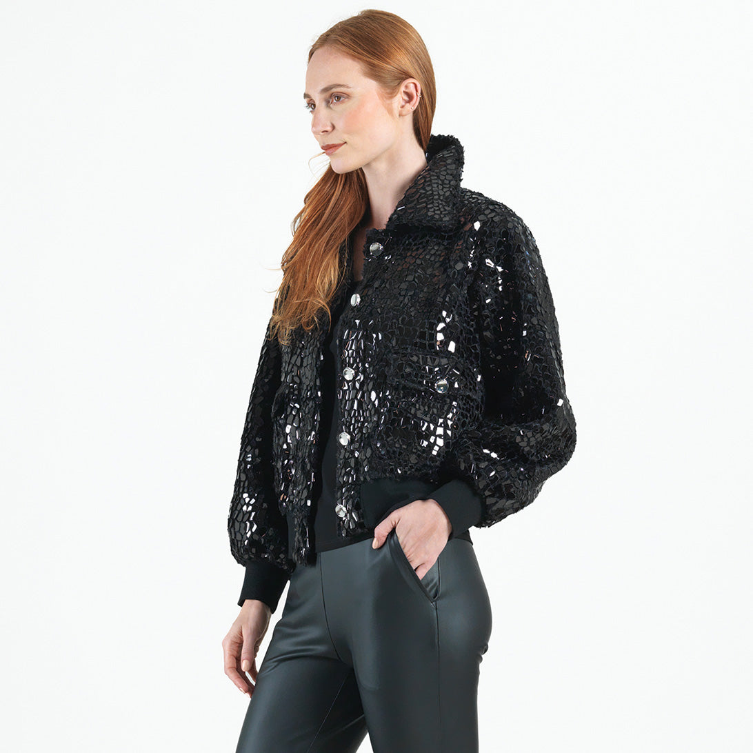 Crushed Faux Fur - Shimmer Embellished Bomber Jacket - Black - Limited Edition! | Clara Sunwoo