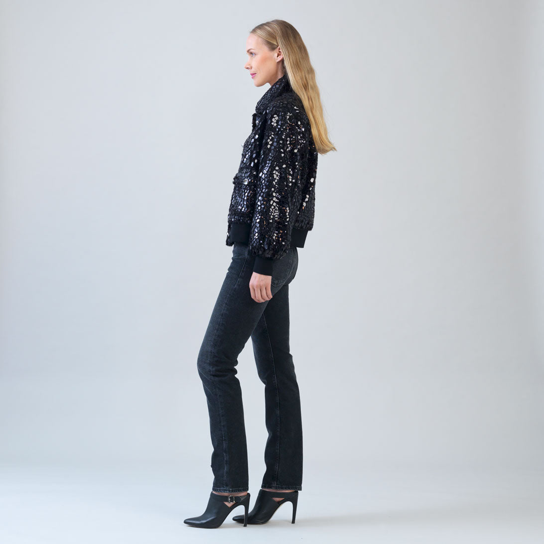Crushed Faux Fur - Shimmer Embellished Bomber Jacket - Black - Limited Edition! | Clara Sunwoo