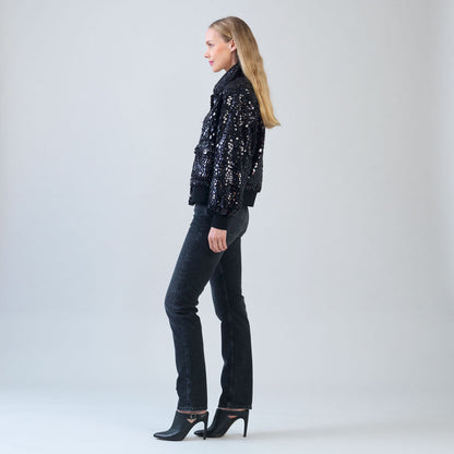 Crushed Faux Fur - Shimmer Embellished Bomber Jacket - Black - Limited Edition! | Clara Sunwoo