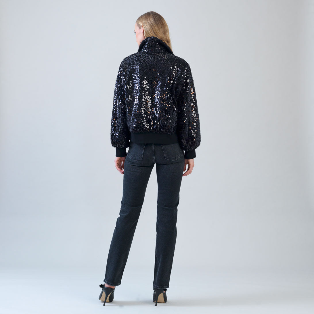 Crushed Faux Fur - Shimmer Embellished Bomber Jacket - Black - Limited Edition! | Clara Sunwoo