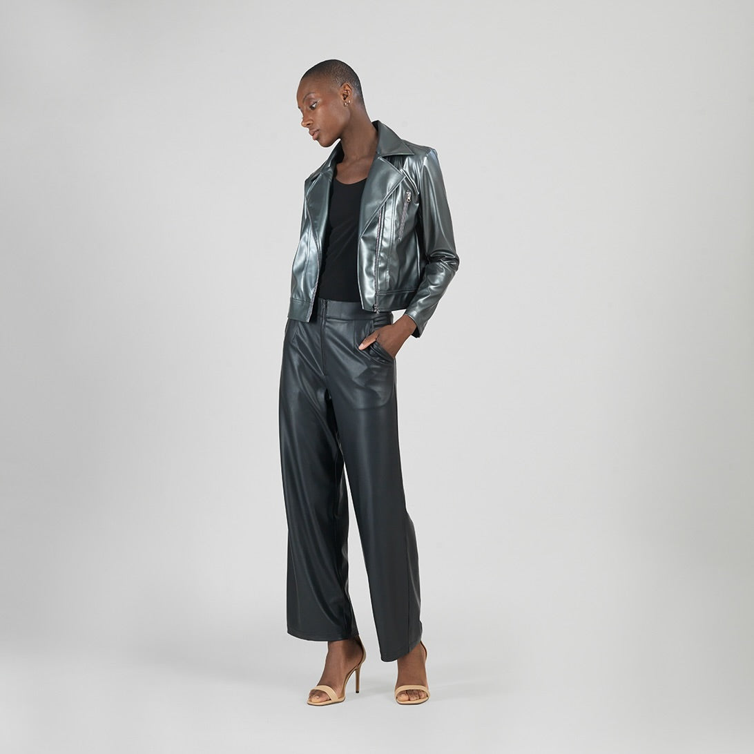 Vegan Sheen - Zip Cuff Moto Waist Jacket - Gunmetal - Final Sale | Clara Sunwoo