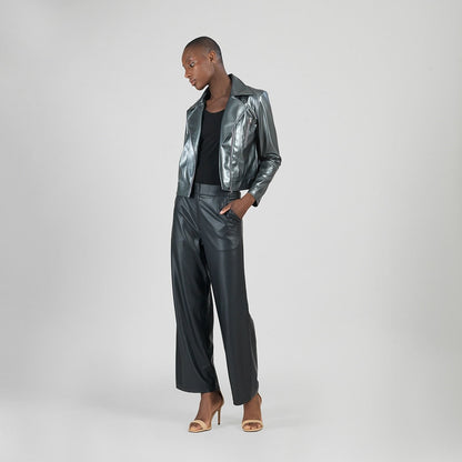 Vegan Sheen - Zip Cuff Moto Waist Jacket - Gunmetal - Final Sale | Clara Sunwoo