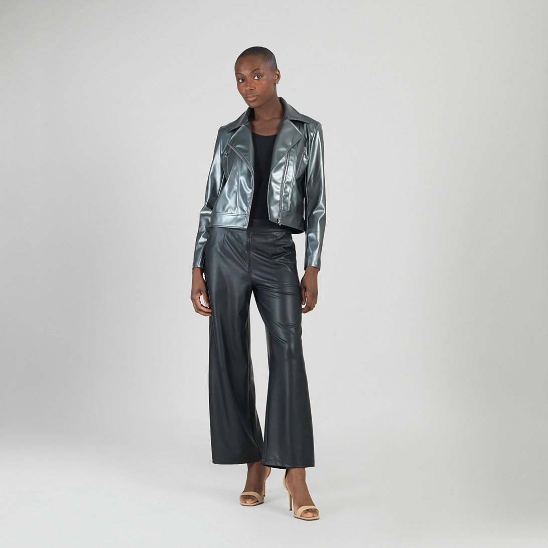 Vegan Sheen - Zip Cuff Moto Waist Jacket - Gunmetal - Final Sale | Clara Sunwoo