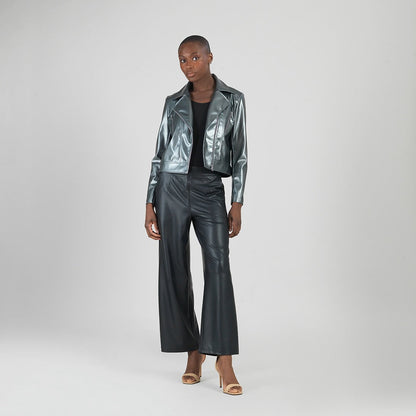Vegan Sheen - Zip Cuff Moto Waist Jacket - Gunmetal - Final Sale | Clara Sunwoo