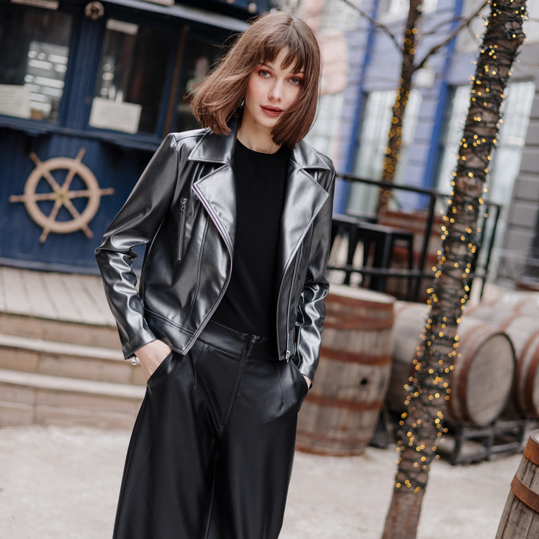 Vegan Sheen - Zip Cuff Moto Waist Jacket - Gunmetal - Final Sale | Clara Sunwoo