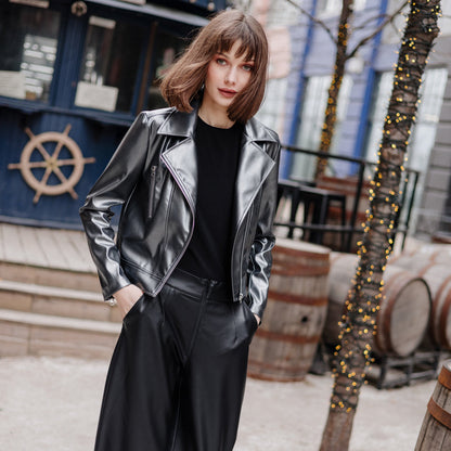 Vegan Sheen - Zip Cuff Moto Waist Jacket - Gunmetal - Final Sale | Clara Sunwoo
