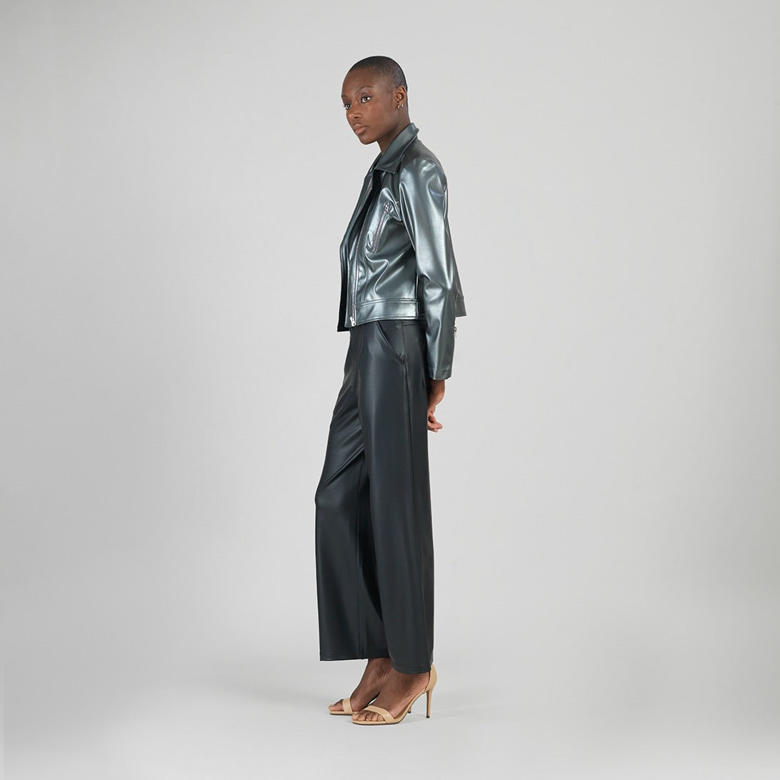 Vegan Sheen - Zip Cuff Moto Waist Jacket - Gunmetal - Final Sale | Clara Sunwoo