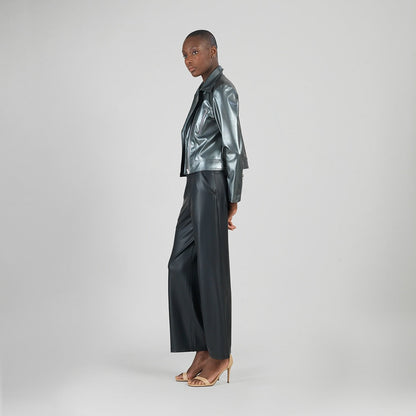 Vegan Sheen - Zip Cuff Moto Waist Jacket - Gunmetal - Final Sale | Clara Sunwoo