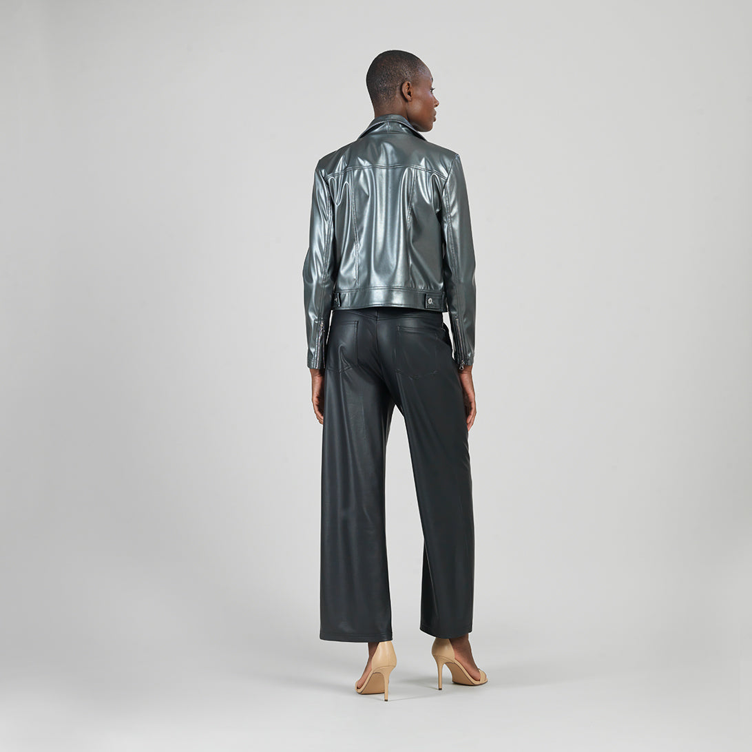 Vegan Sheen - Zip Cuff Moto Waist Jacket - Gunmetal - Final Sale | Clara Sunwoo