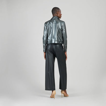 Vegan Sheen - Zip Cuff Moto Waist Jacket - Gunmetal - Final Sale | Clara Sunwoo