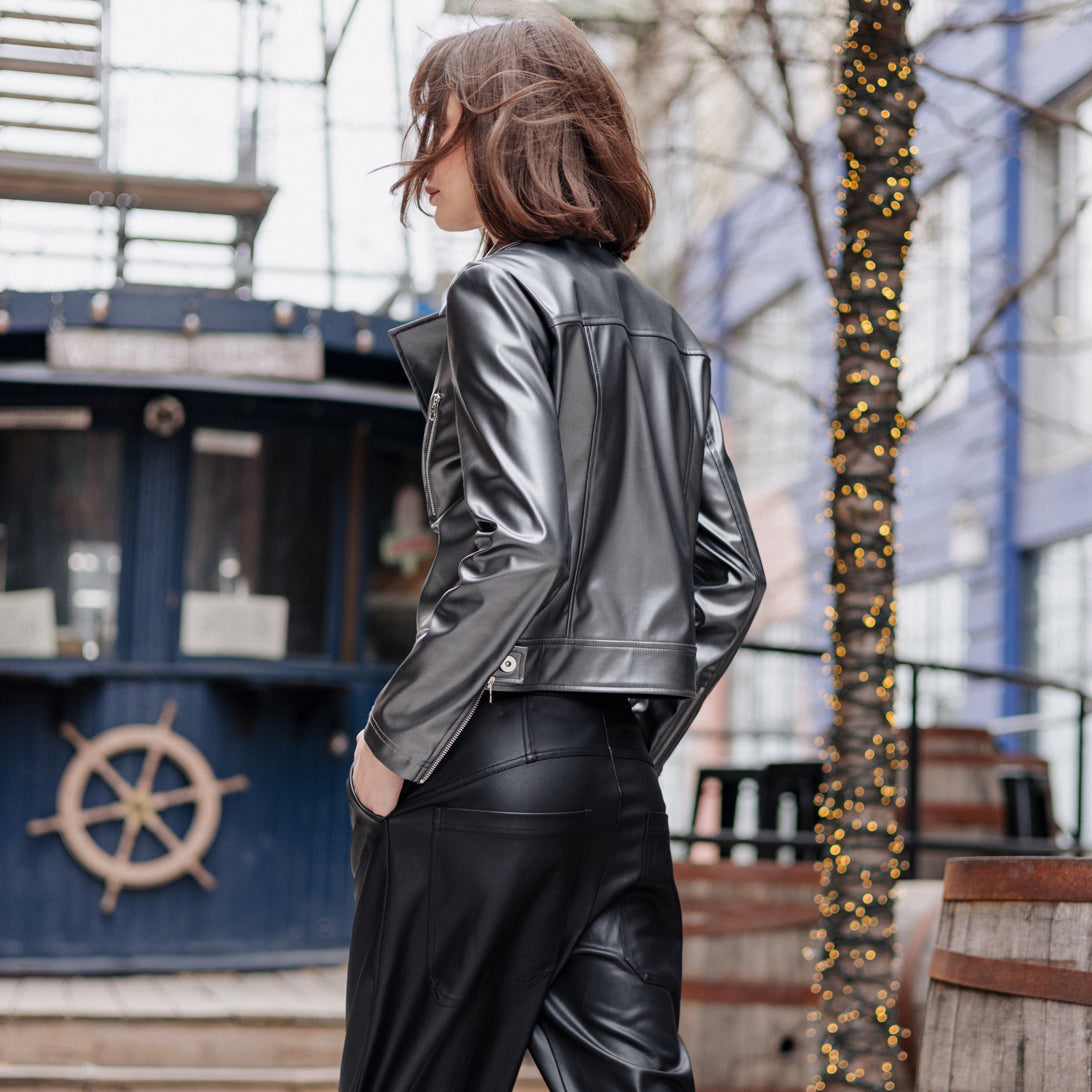 Vegan Sheen - Zip Cuff Moto Waist Jacket - Gunmetal - Final Sale | Clara Sunwoo