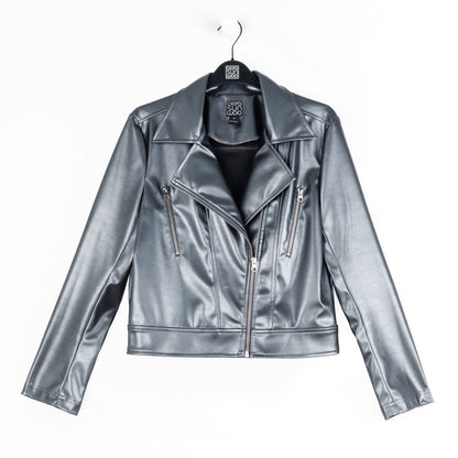 Vegan Sheen - Zip Cuff Moto Waist Jacket - Gunmetal - Final Sale | Clara Sunwoo