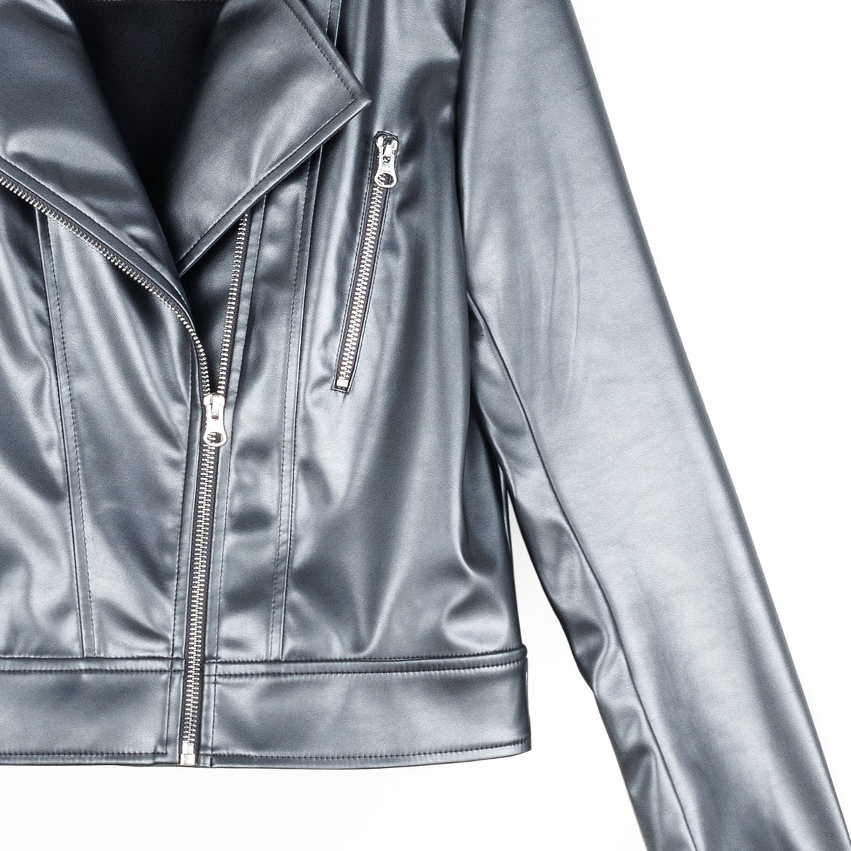Vegan Sheen - Zip Cuff Moto Waist Jacket - Gunmetal - Final Sale | Clara Sunwoo