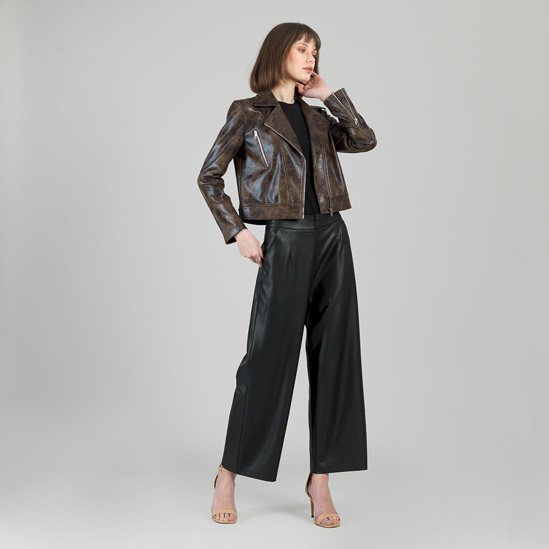 Vegan Leather - Distressed Zip Cuff Moto Waist Jacket - Brown - Final Sale | Clara Sunwoo