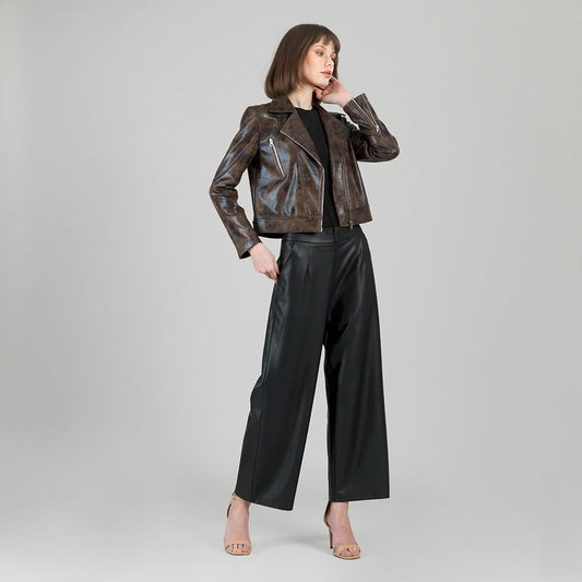 Vegan Leather - Distressed Zip Cuff Moto Waist Jacket - Brown - Final Sale | Clara Sunwoo