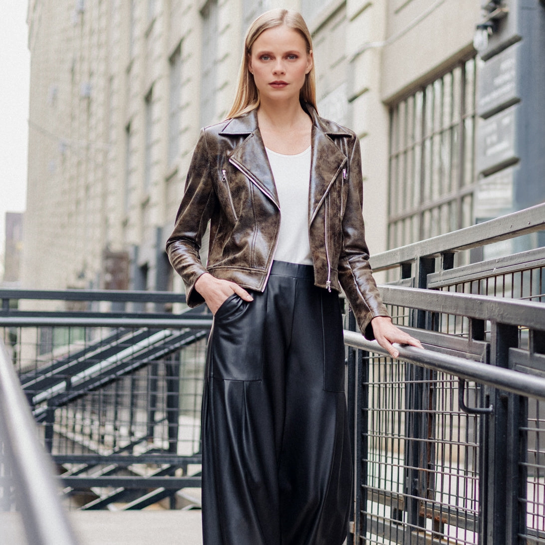 Vegan Leather - Distressed Zip Cuff Moto Waist Jacket - Brown - Final Sale | Clara Sunwoo