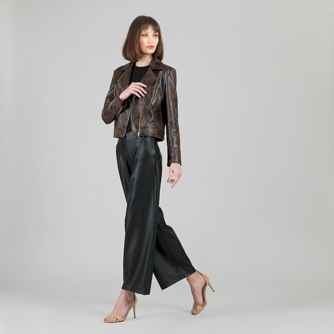 Vegan Leather - Distressed Zip Cuff Moto Waist Jacket - Brown - Final Sale | Clara Sunwoo