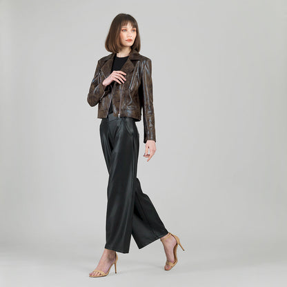 Vegan Leather - Distressed Zip Cuff Moto Waist Jacket - Brown - Final Sale | Clara Sunwoo