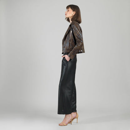 Vegan Leather - Distressed Zip Cuff Moto Waist Jacket - Brown - Final Sale | Clara Sunwoo
