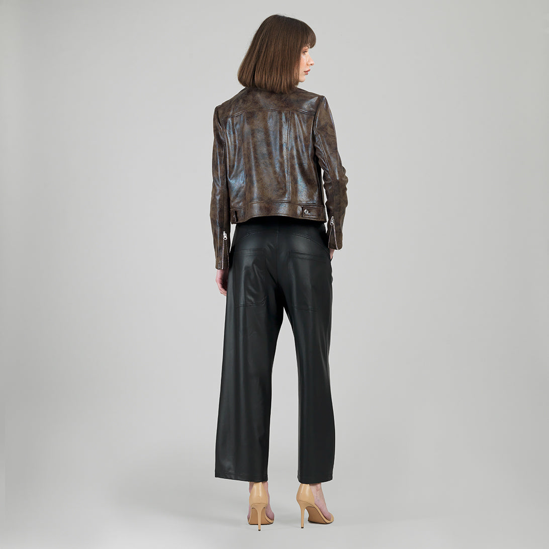 Vegan Leather - Distressed Zip Cuff Moto Waist Jacket - Brown - Final Sale | Clara Sunwoo